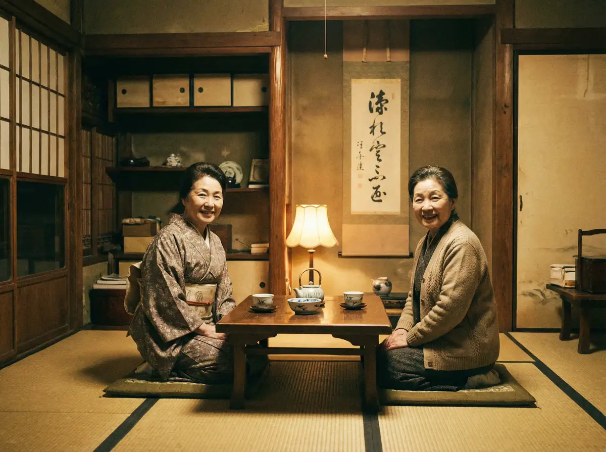 两位优雅的 森日向子 在日式茶室中品茶交谈